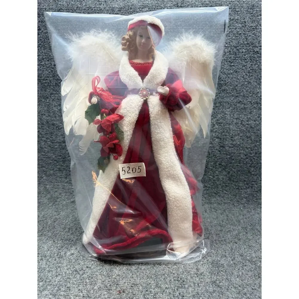 Christmas Angel Figurine Red Dress Feather Wings Holiday Decor